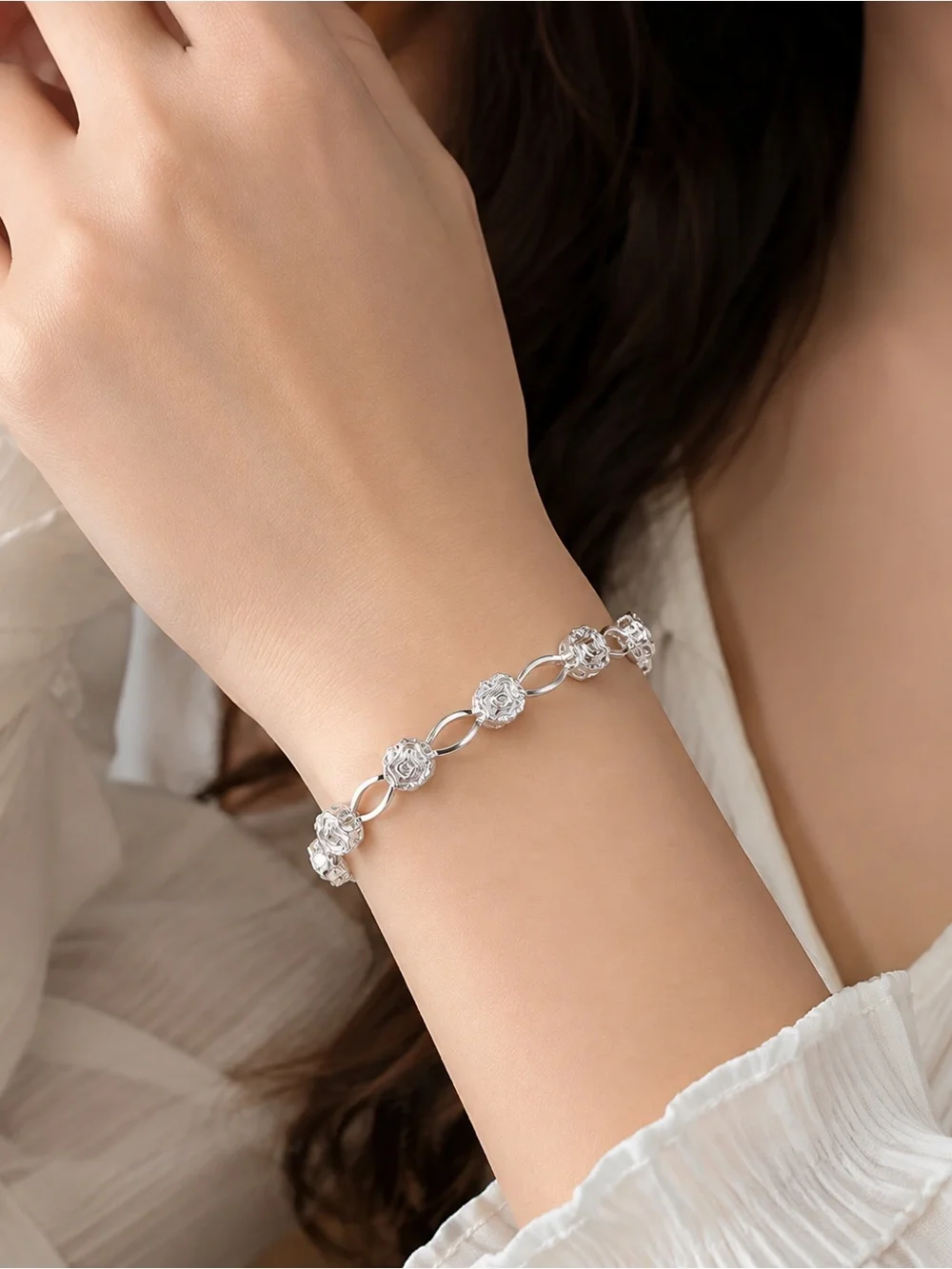 925 Sterling Silver Rose Flower Open Cuff Bangle Bracelet Adjustable